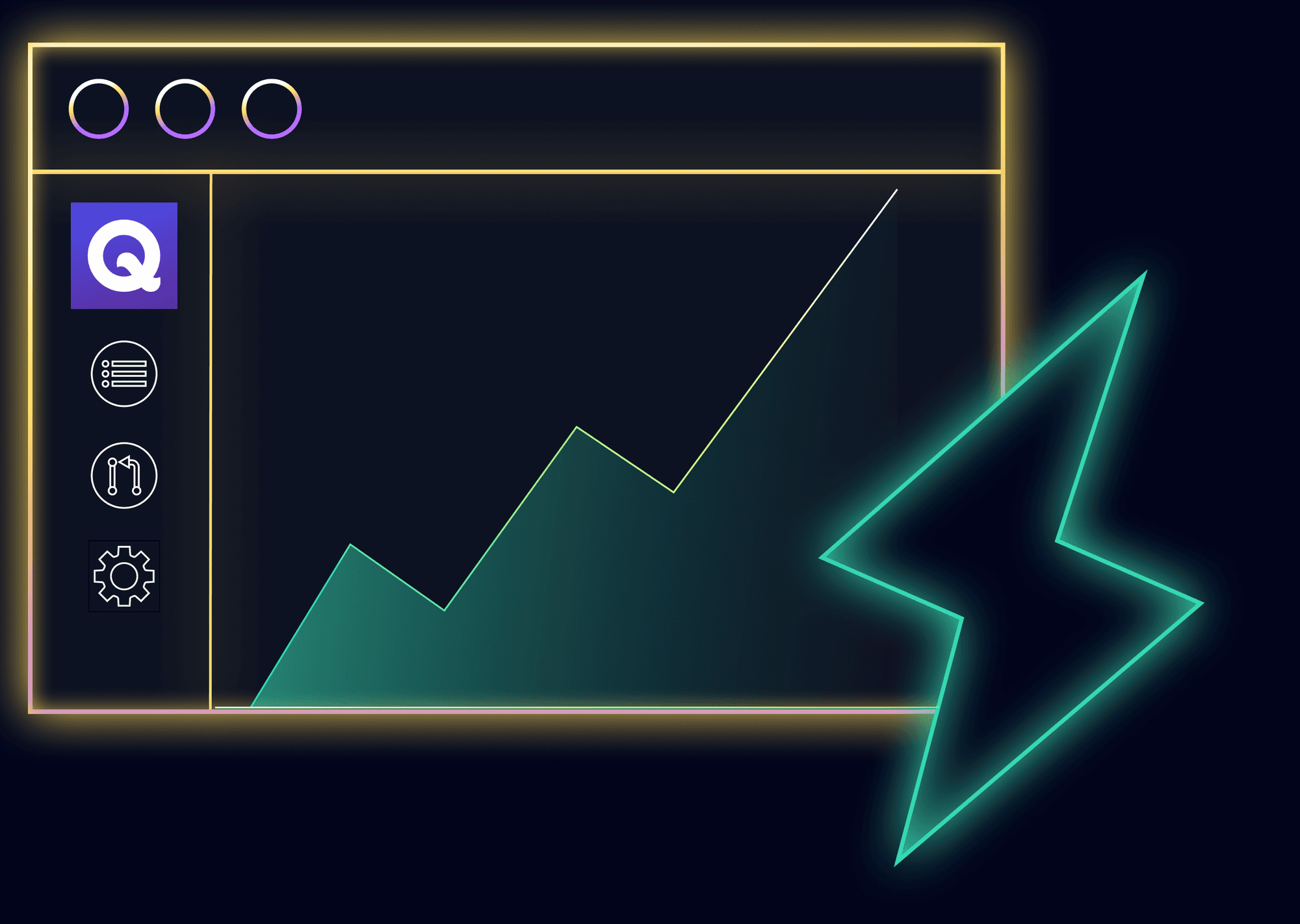 Simplified illustration of Qase app with green graph trending up and neon glowing green lightning bolt