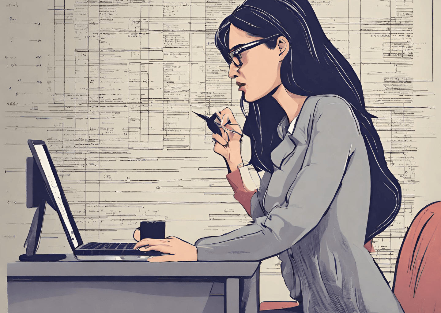 Illustration of women with long black hair, glasses, and gray shirt working on a laptop