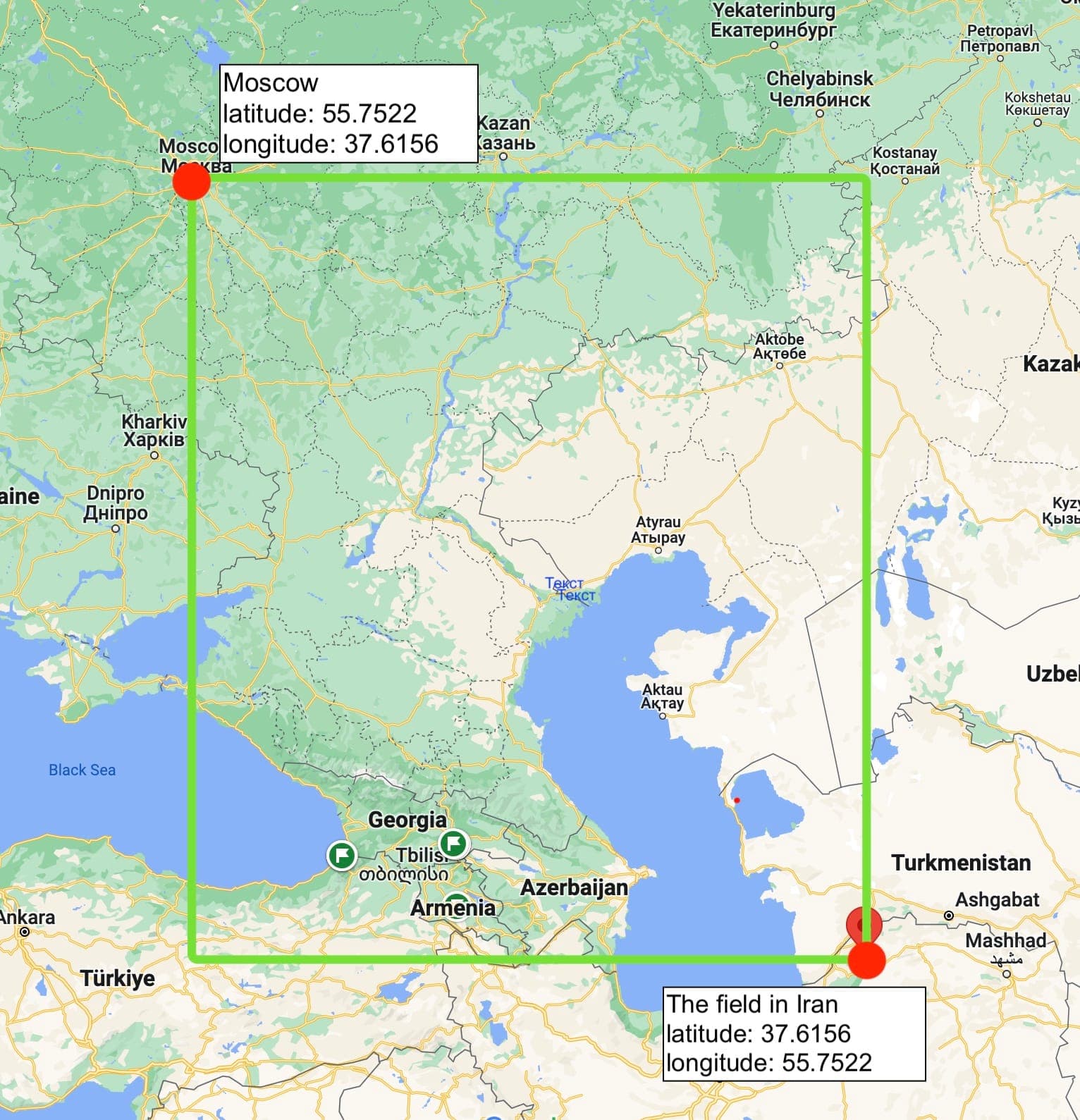 Map showing rectangle, top left corner marked with red dot over Moscow, bottom right corner marked with red dot over a field in Iran