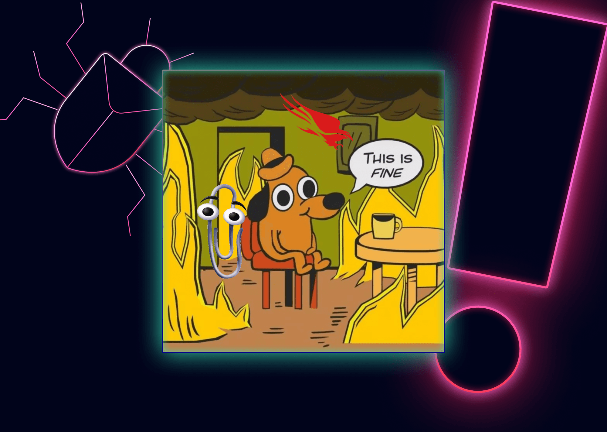This is fine meme including Clippy and Crowdstrike logo on top of neon pink bug and exclamation point