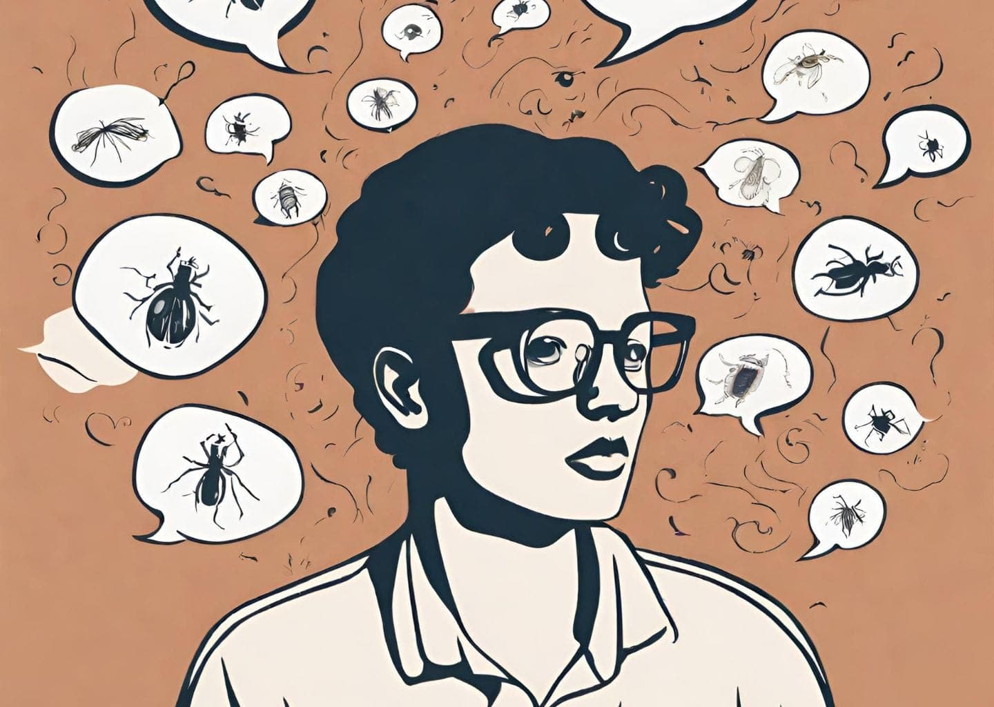black and white illustration of person in glasses surrounded by thought bubbles with bugs inside
