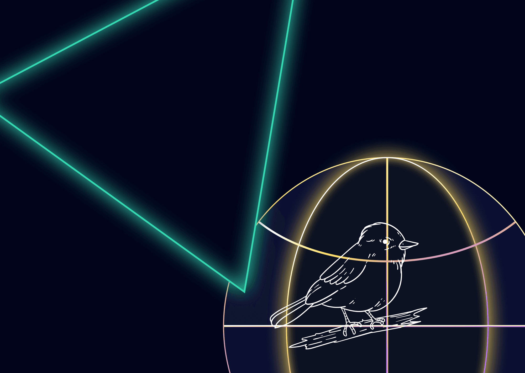 Illustration of bird from Freepix.com, inside of circular neon cage next to neat green triange