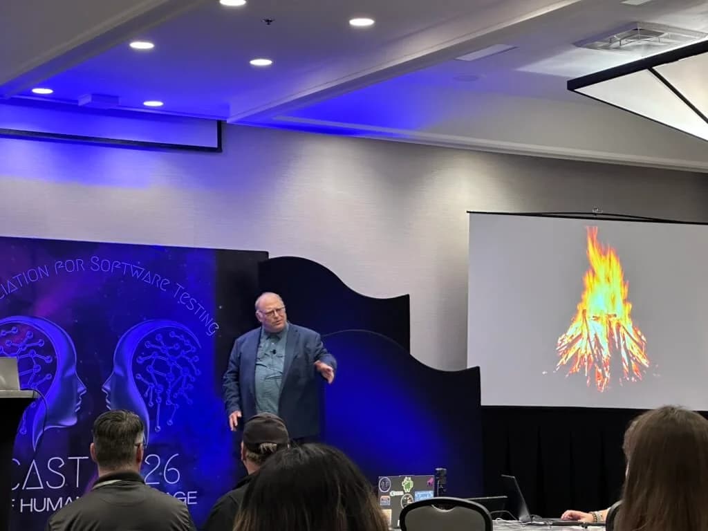 Rob Sabourin delivering the closing keynote at CAST 2026