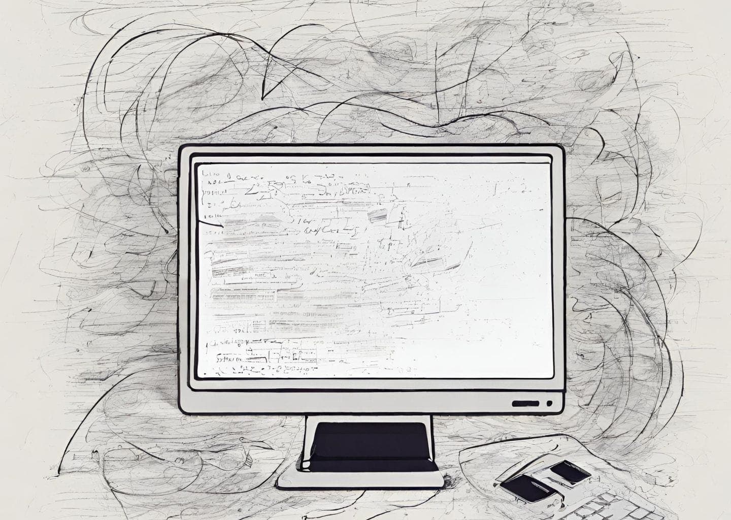 Black and white illustration of computer monitor covered and surrounded by scribbles