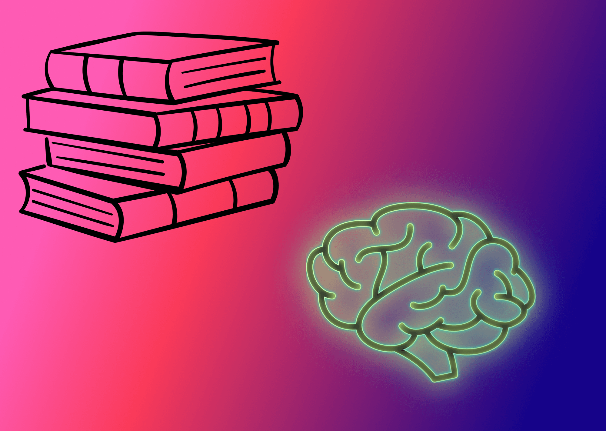 Illustration of a glowing brain and stack of books