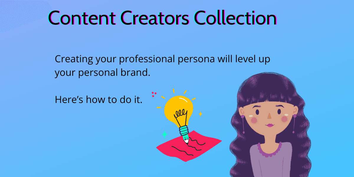 Illustration of lightbulb and paper, woman with purple hair and bangs. text "content creators collection"