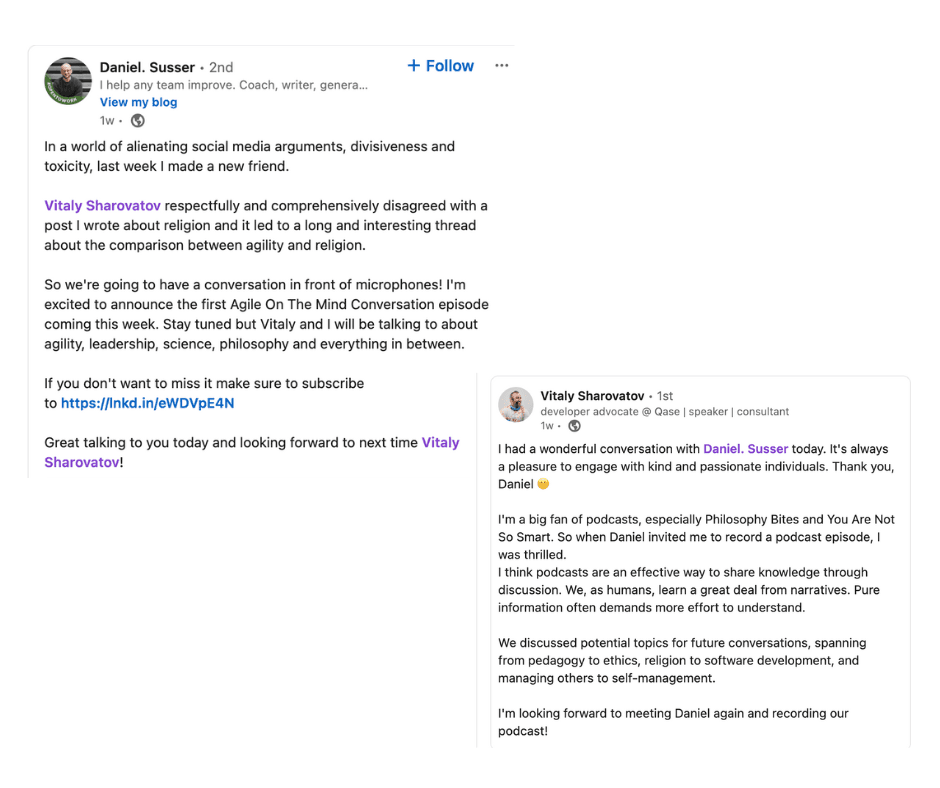 Screenshots of Linkedin interaction between Daniel Susser and Vitaly Sharovatov