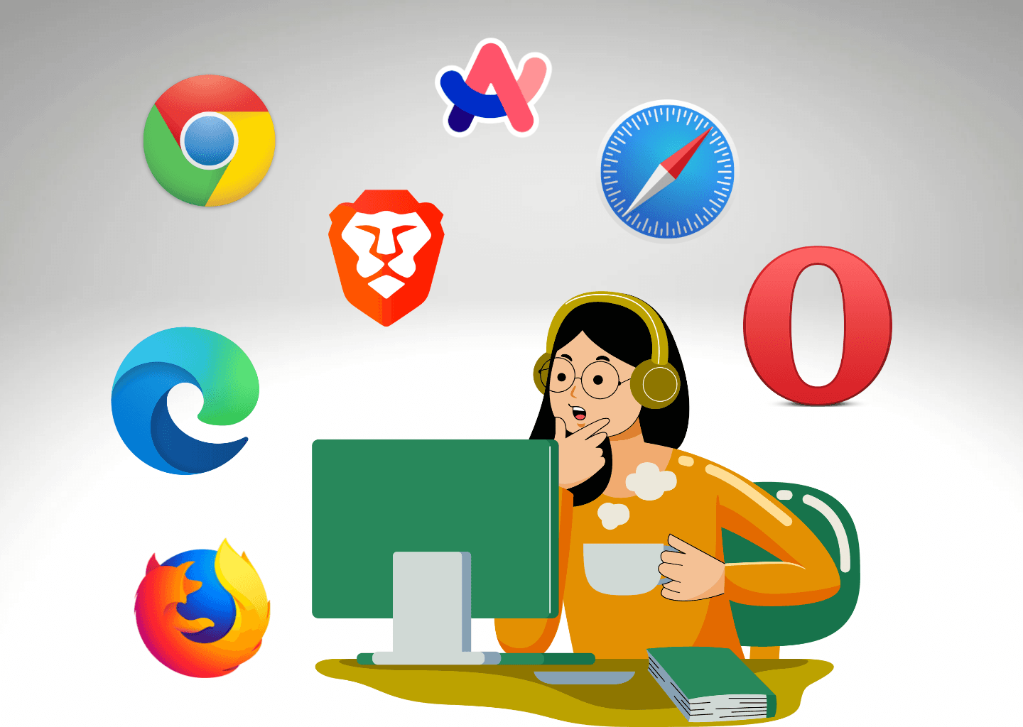 Illustration of woman looking at computer surrounded by browser logos: firefox, chrome, edge, brave, arc, safari, opera