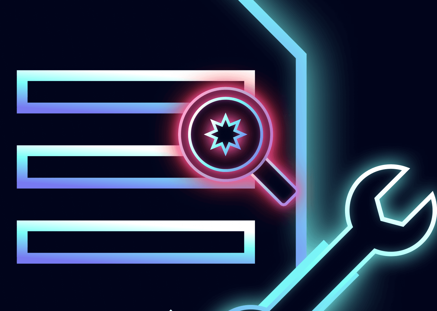 Blue and purple gradient lines and wrench with pink and purple gradient magnifying glass showing an error in neon glow