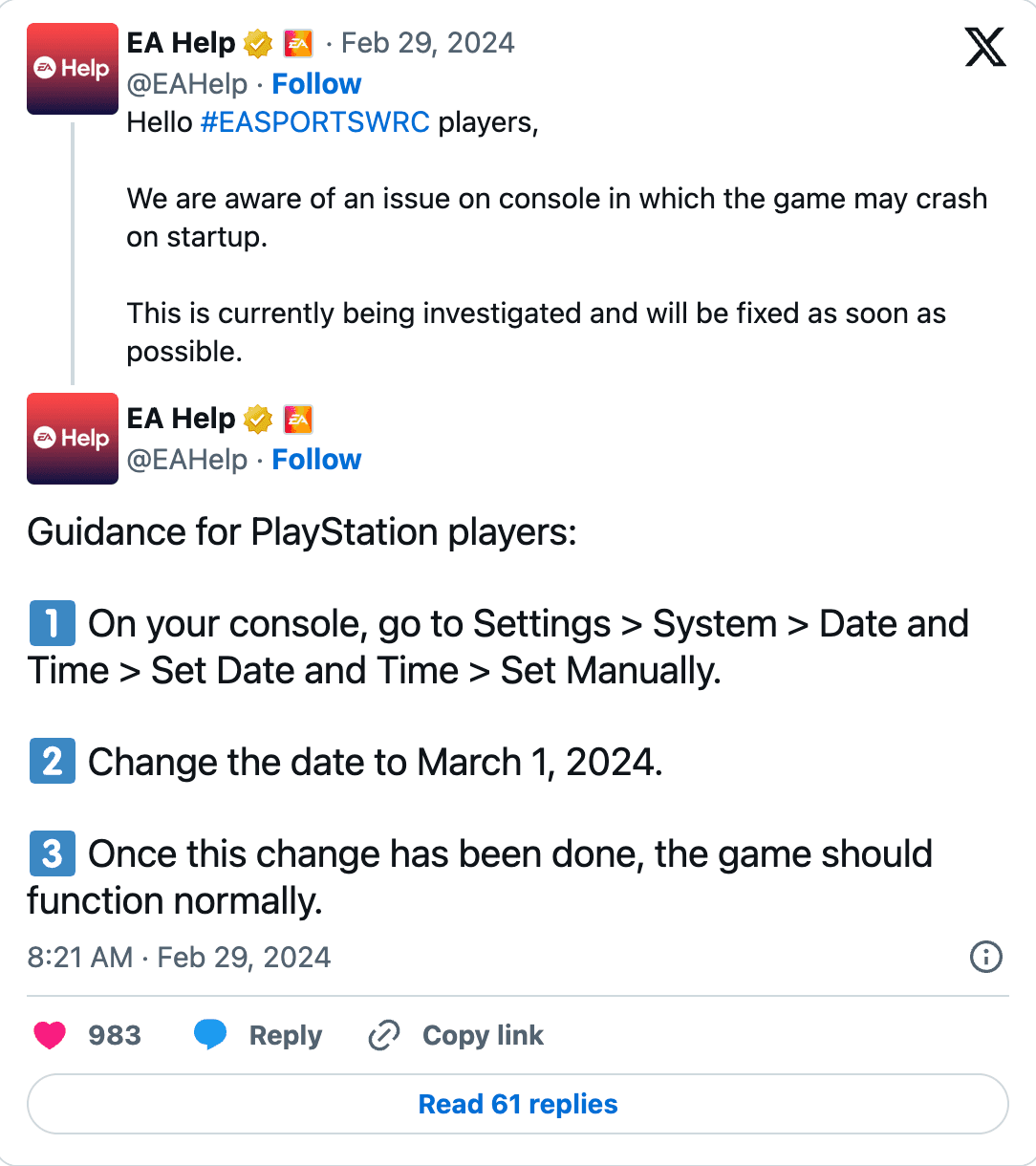 Screenshot of tweet from @EAHelp explaining a workaround for the 2024 leap year issue