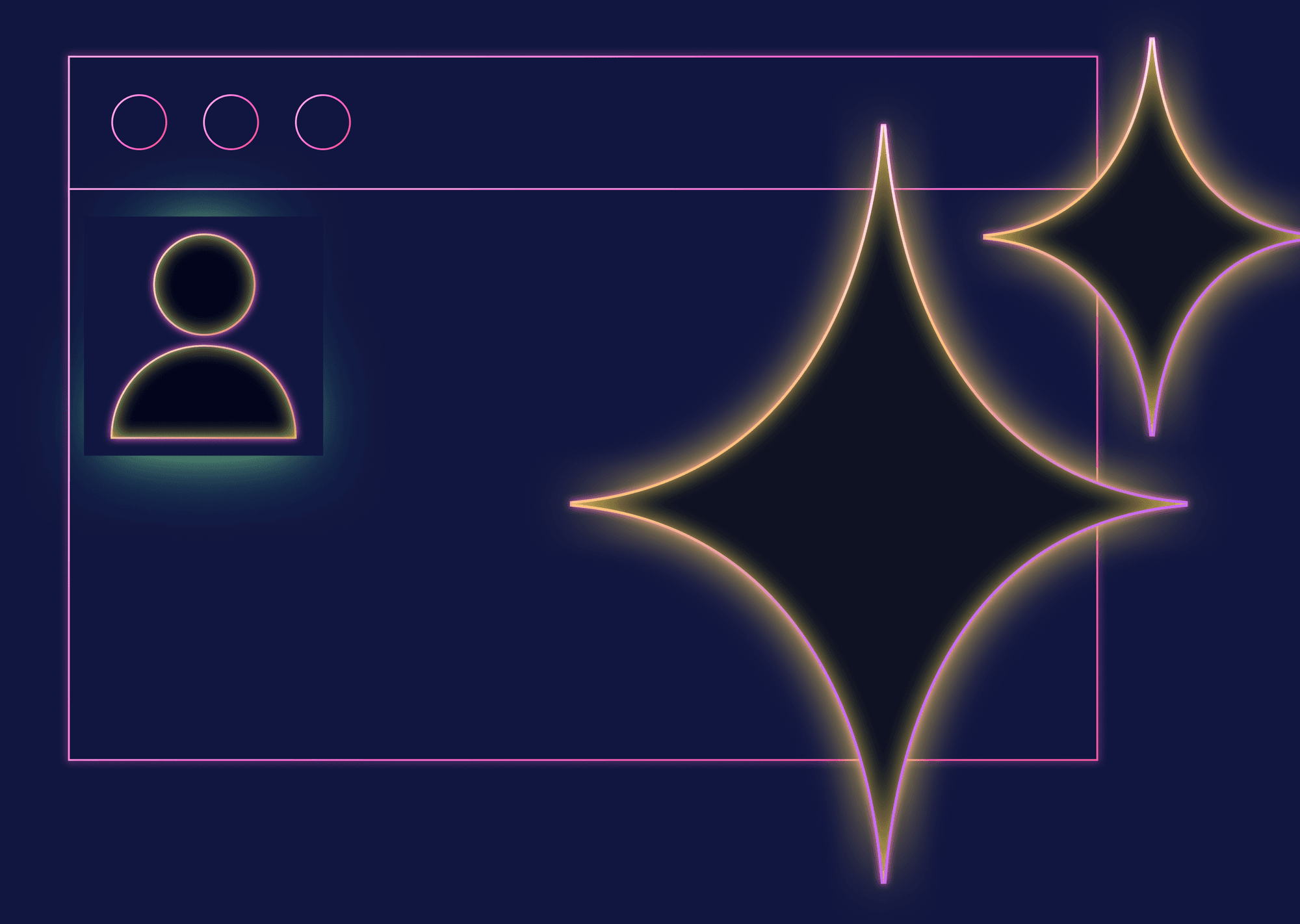 Line drawing of a browser and user profile with neon glow stars prominently displayed
