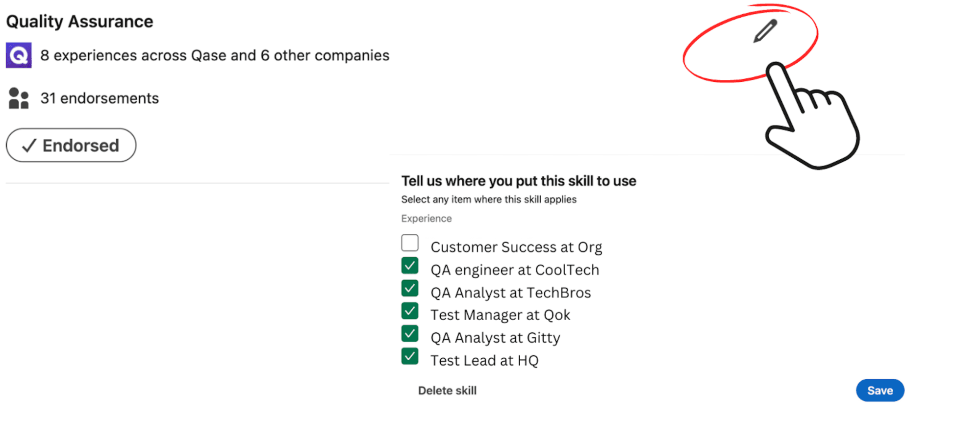 Screenshot of Linkedin skill "Quality assurance" Pencil icon is circled and showing a resulting screen with various QA and test jobs checked off
