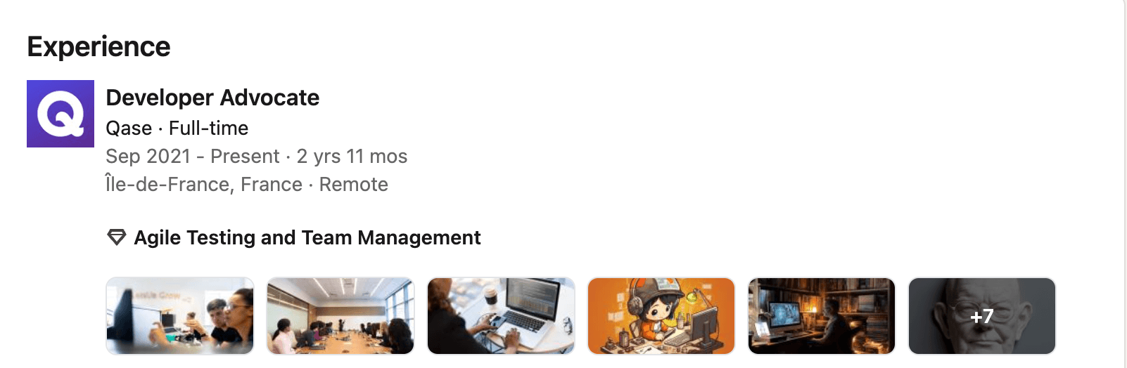 Screenshot of Qase Developer Advocate role with several thumbnails of featured work