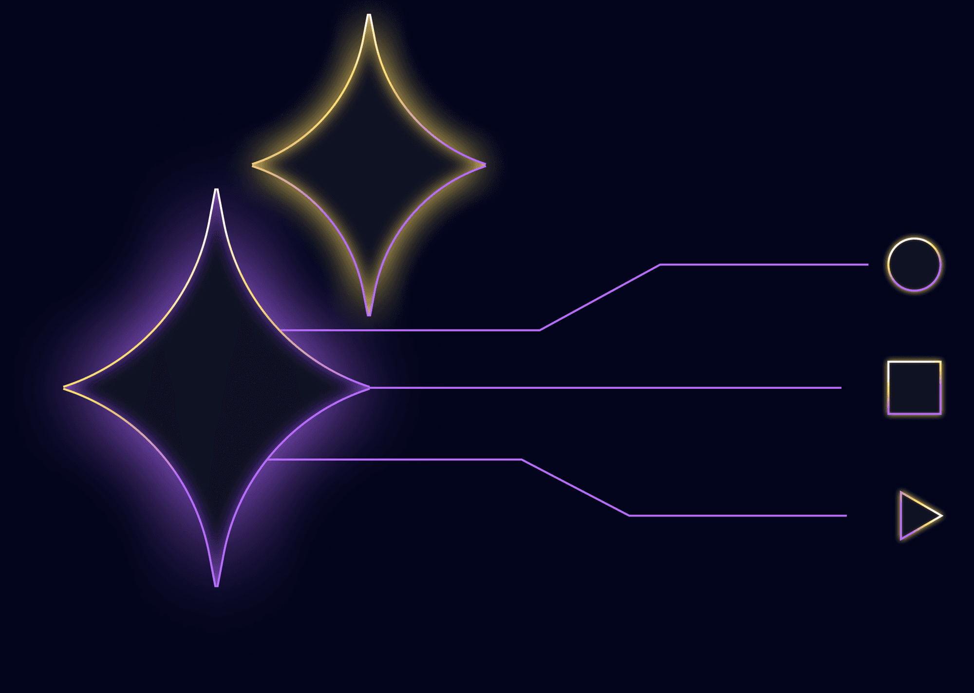 Illustration of glowing stars and three different lines leading to a circle, square, and triangle