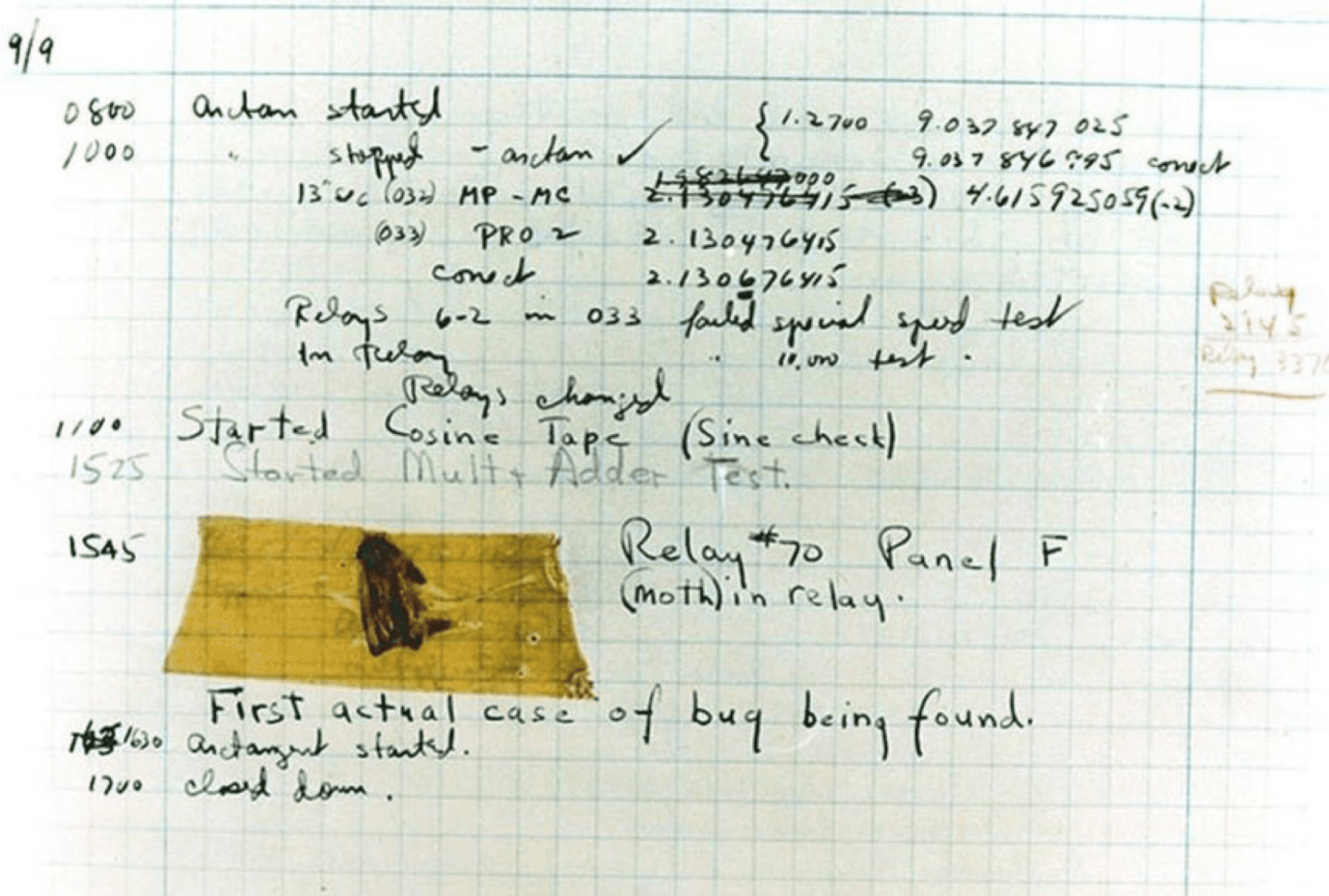 Photograph of postmortem analysis with a moth taped to the page next to text "First actual case of bug being found"