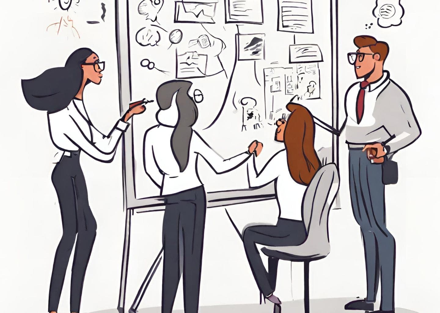 Illustration of men and women brainstorming around a whiteboard