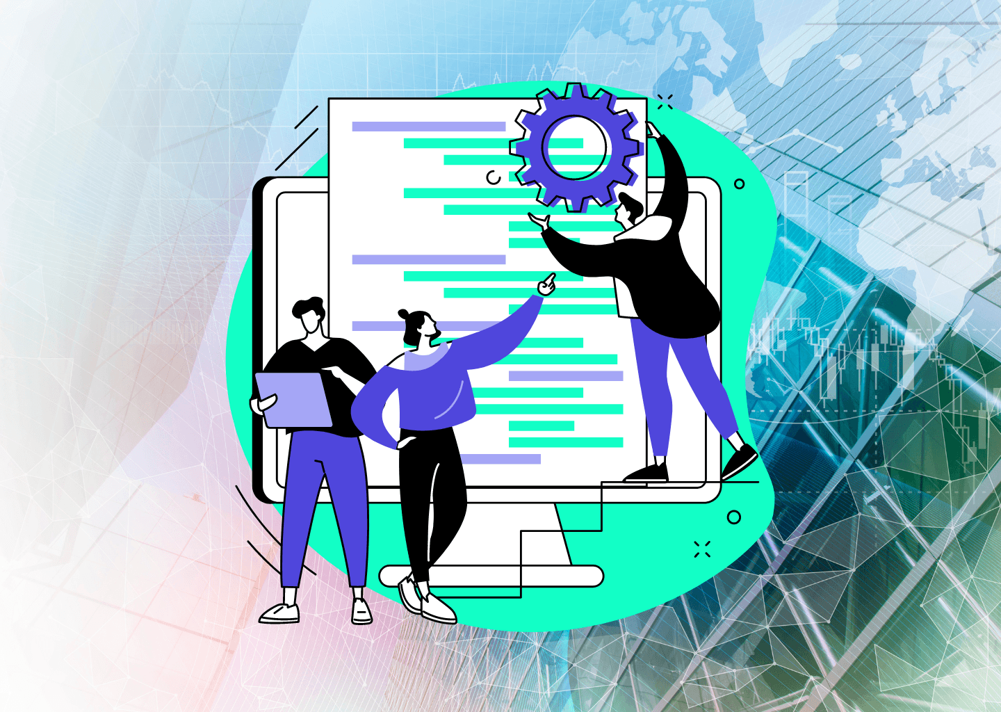 Illustration of 3 people working together in front of an oversized computer