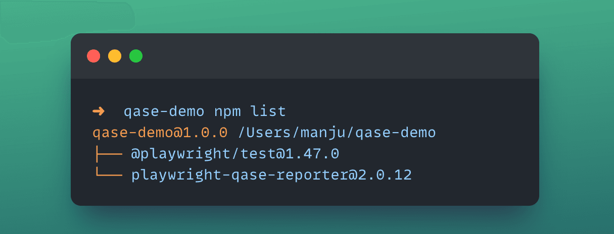 Screenshot of output text: Qase-demo npm list