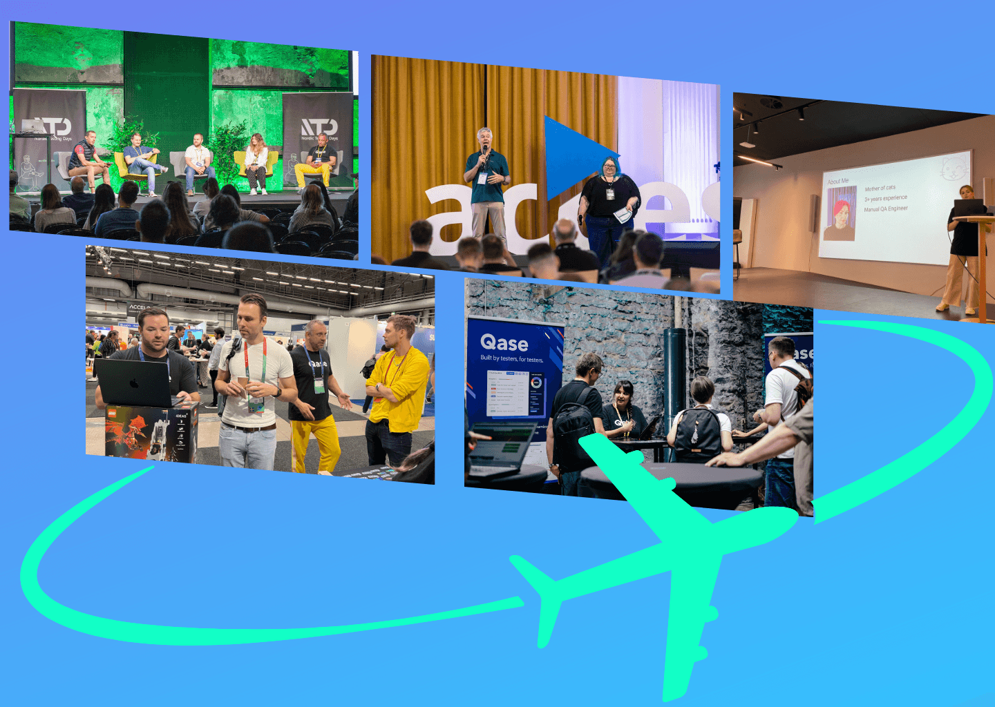 5 photos of Qase team members at various events with illustration of a plane