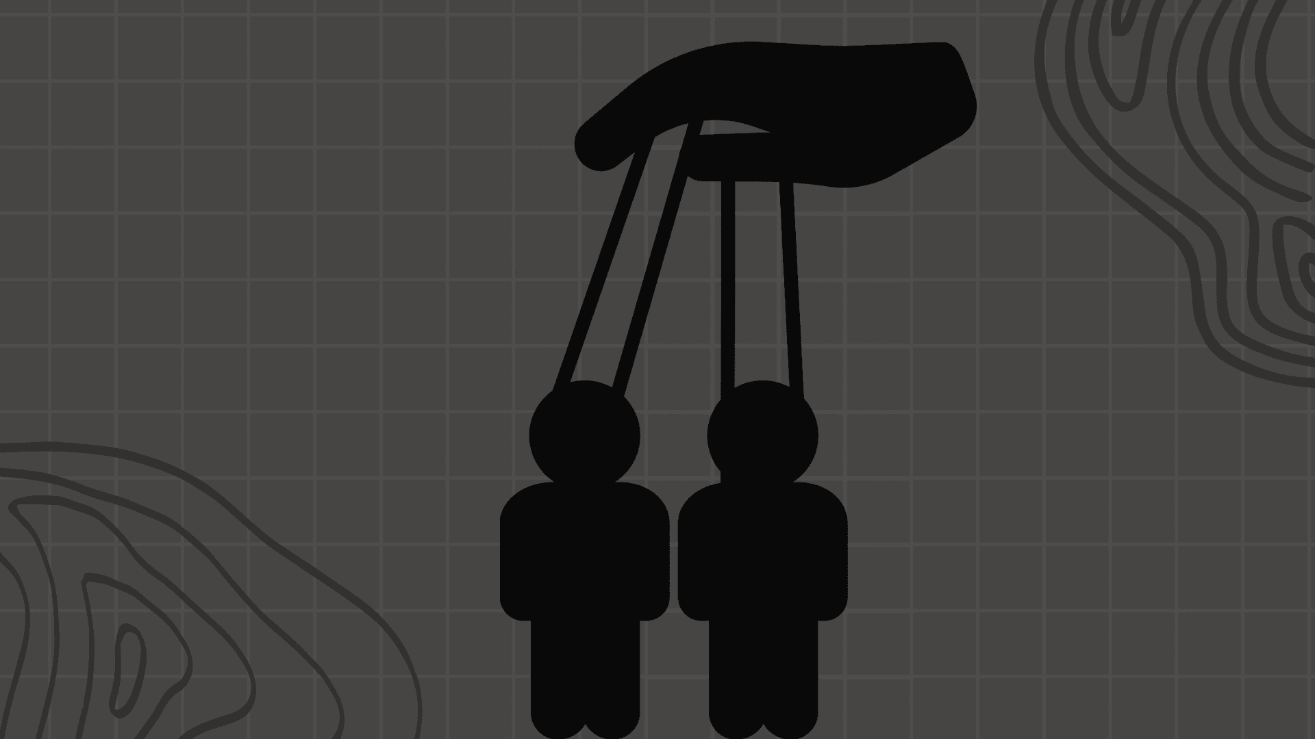 Gray and black illustration of two people being controlled through puppet strings