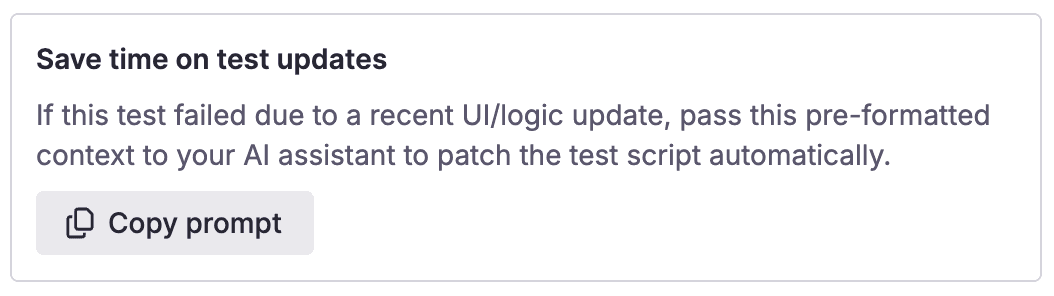 The 'Save time on test updates' card in Qase, with a Copy prompt button