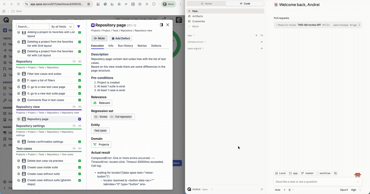Copying the Autofix prompt from a failed test result in Qase and pasting it straight into an AI agent