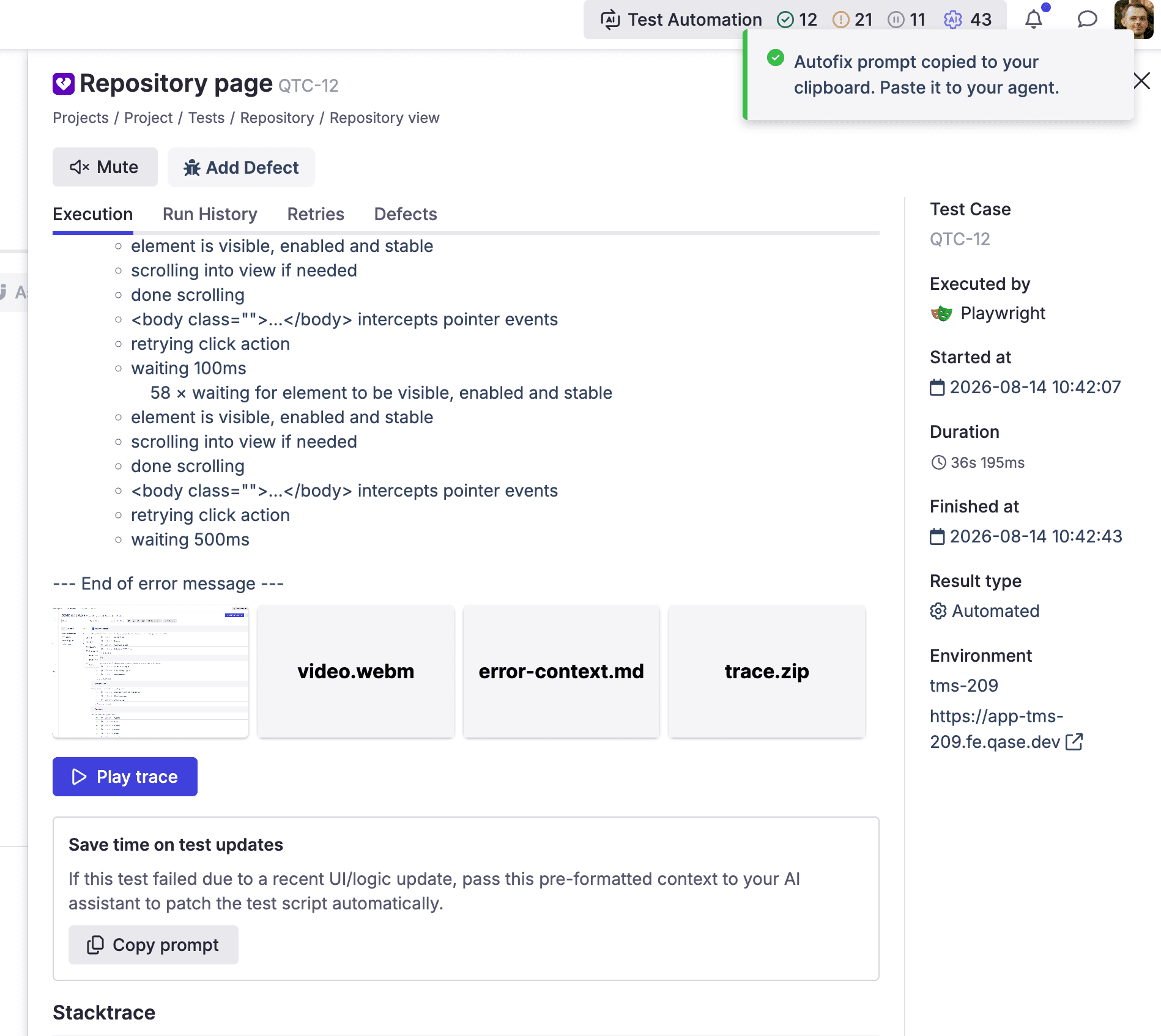The 'Save time on test updates' card in context on a failed Playwright test result in Qase, with a confirmation that the Autofix prompt was copied to the clipboard
