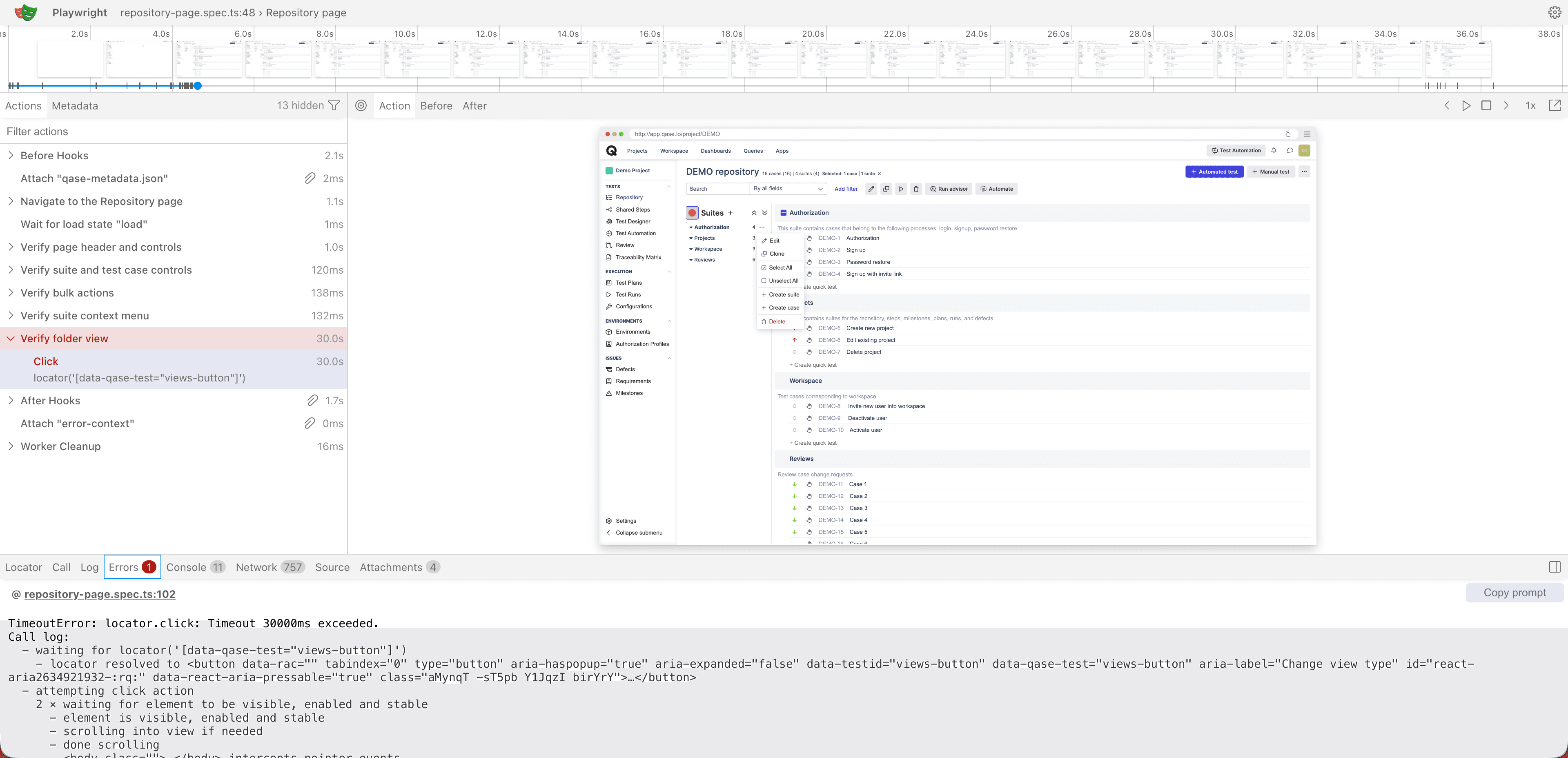 The Playwright trace viewer open inside Qase, showing a test's execution timeline and DOM snapshot