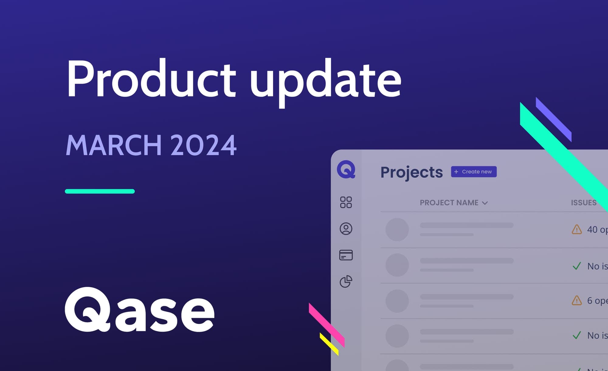 "Product update March 2024" next to Qase logo and Qase projects view