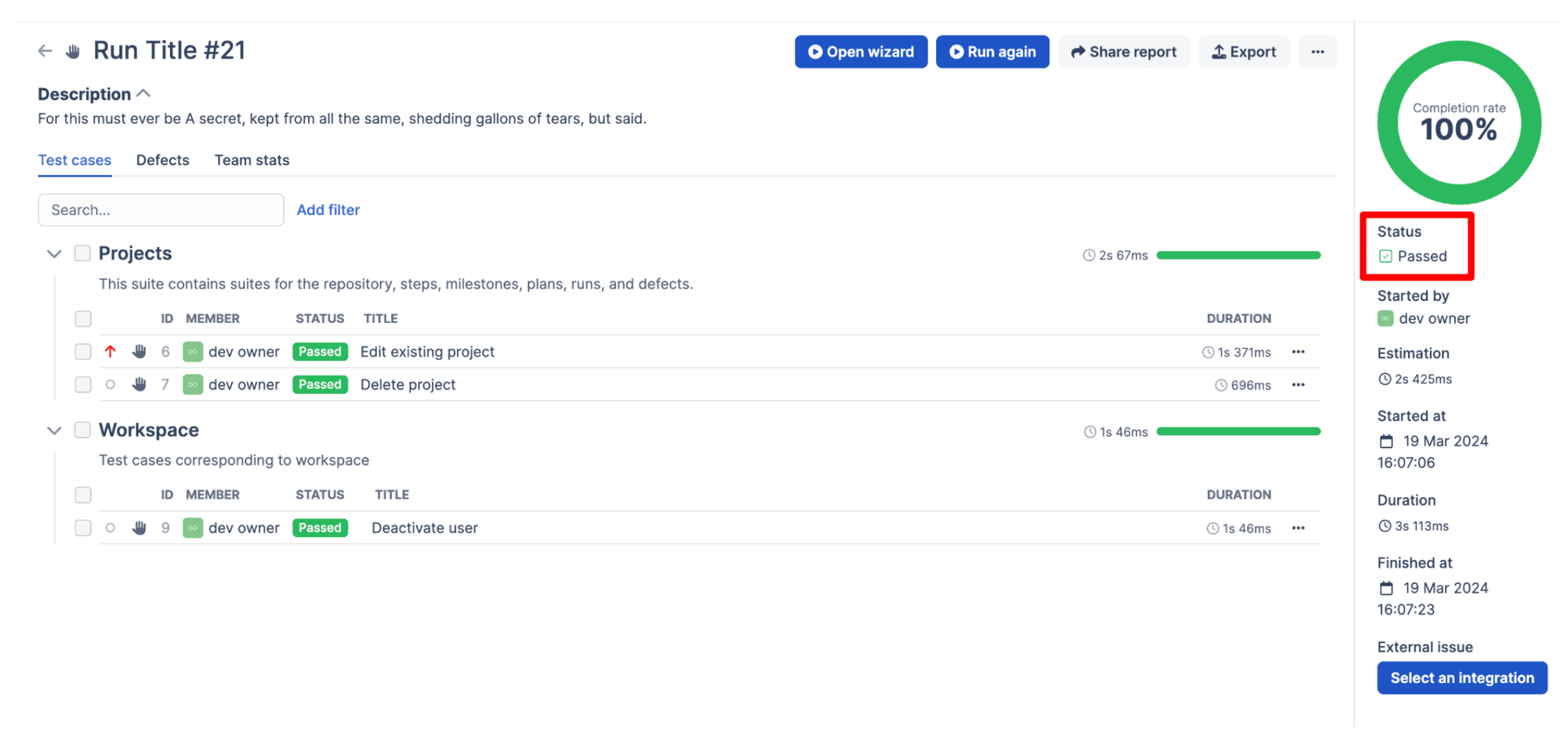 Test Run view in Qase showing 100% completion rate, Status: passed