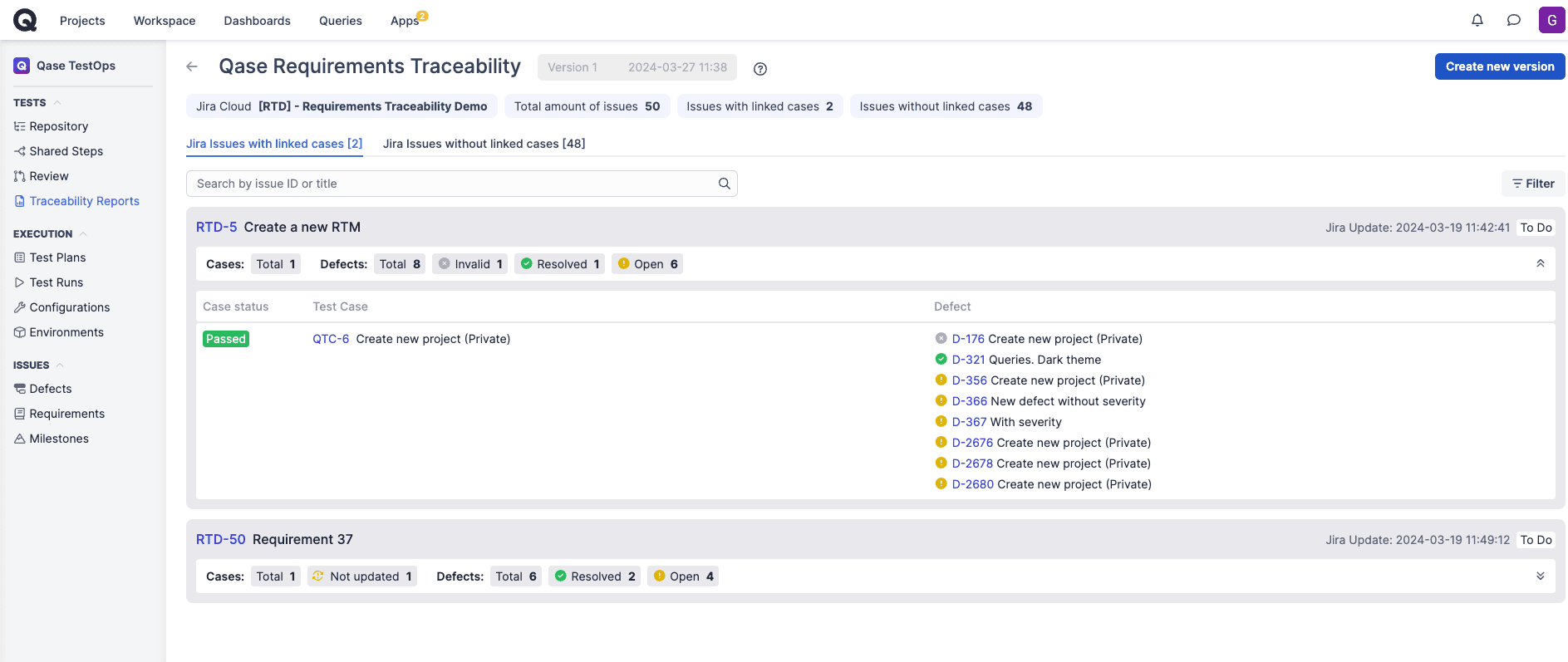 Qase Requirements Traceability view, showing Jira issues with linked cases