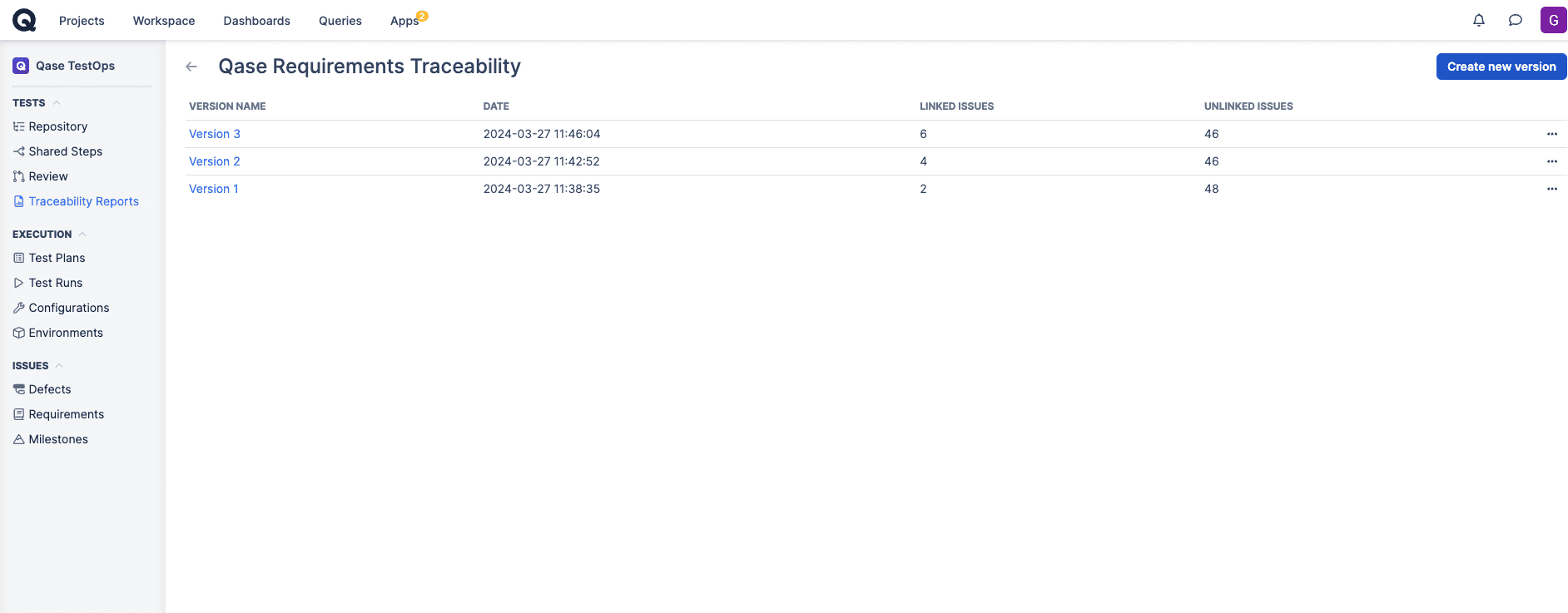 Qase Requirements Traceability view, showing versioning