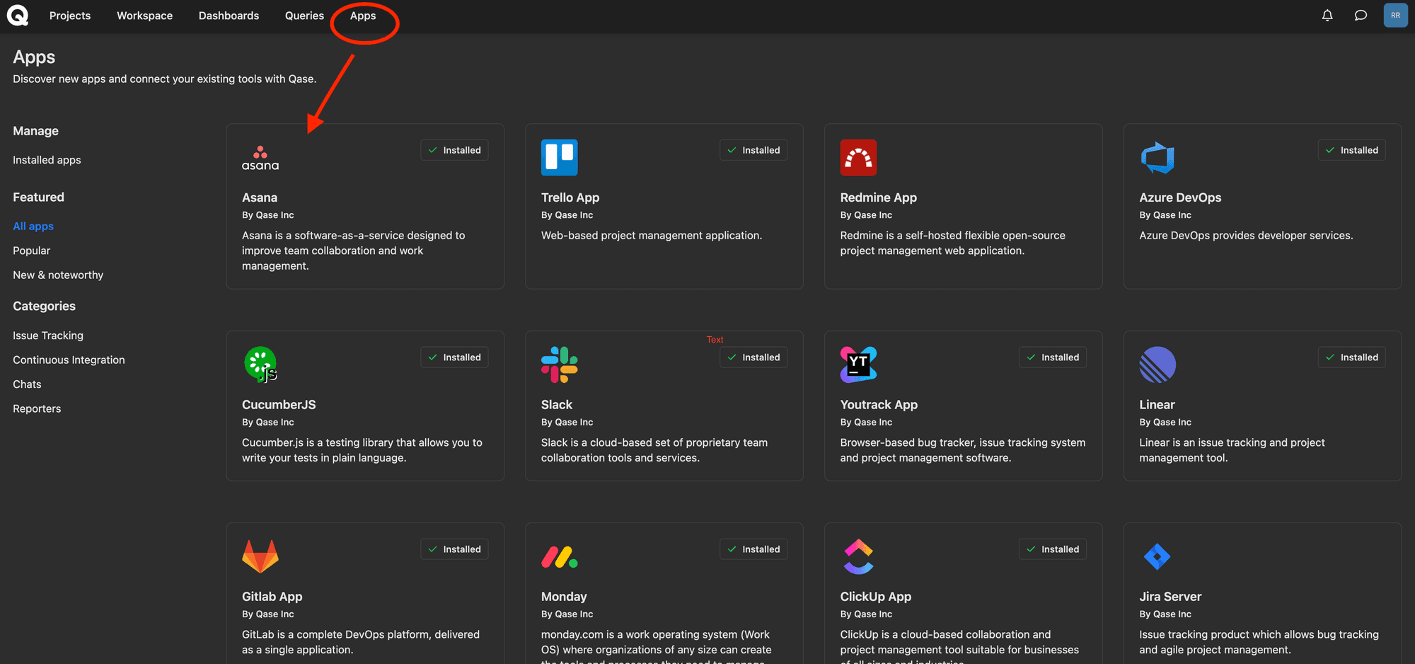 Screenshot of Qase apps page, arrow pointing to Asana