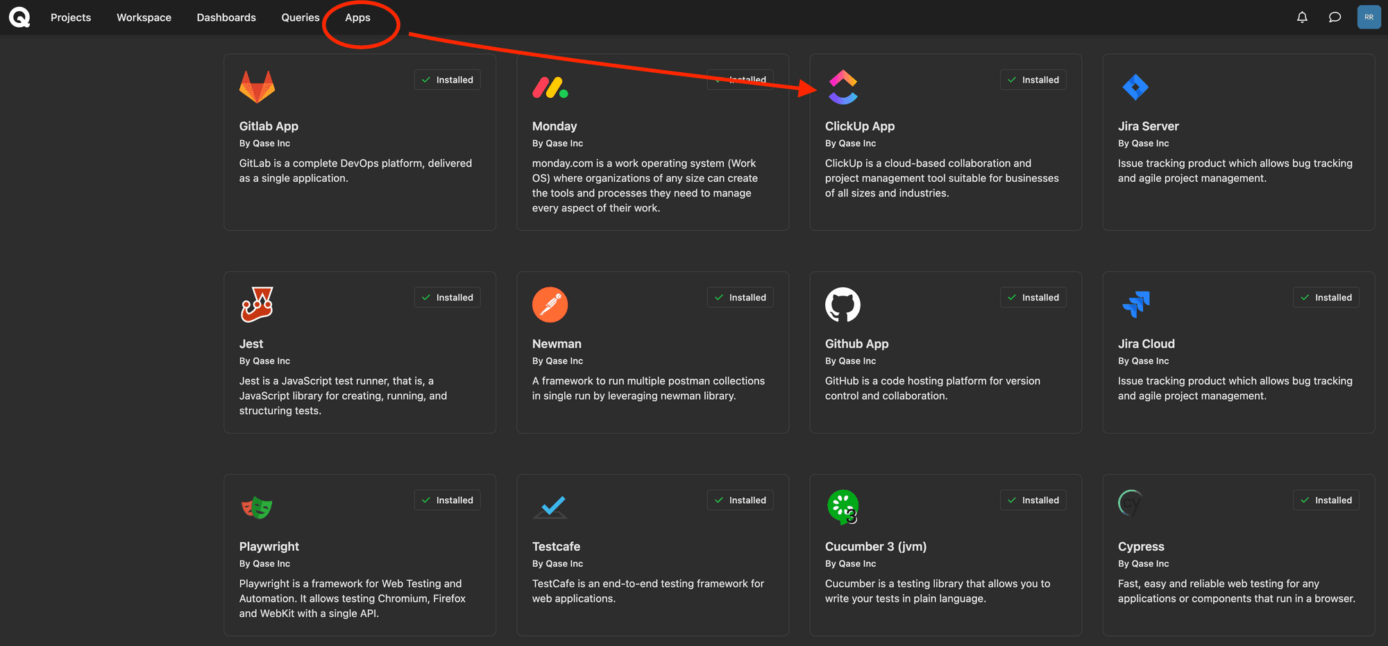 Screenshot of Qase apps, arrow pointing to ClickUp