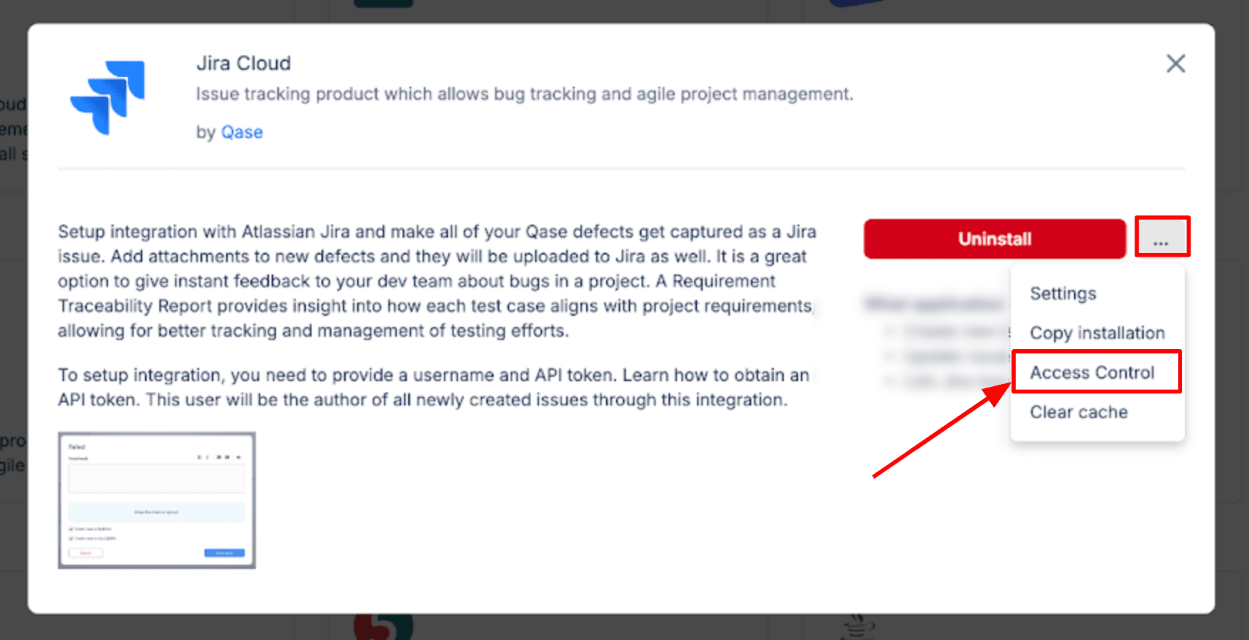 Screenshot of Jira Cloud setup in Qase with "Access Control" highlighted