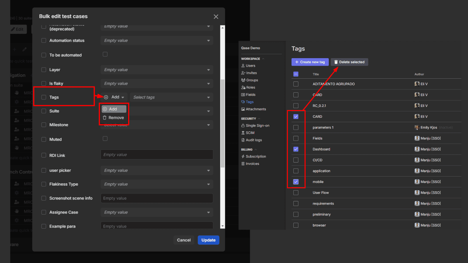 Screenshots of Bulk Edit screens in Qase, demonstrating adding and deleting tags in bulk