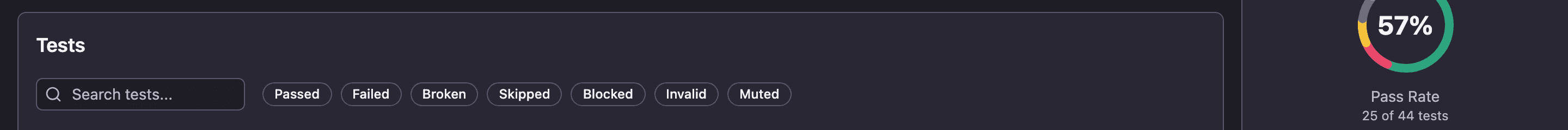 Status filters and search field above the test list