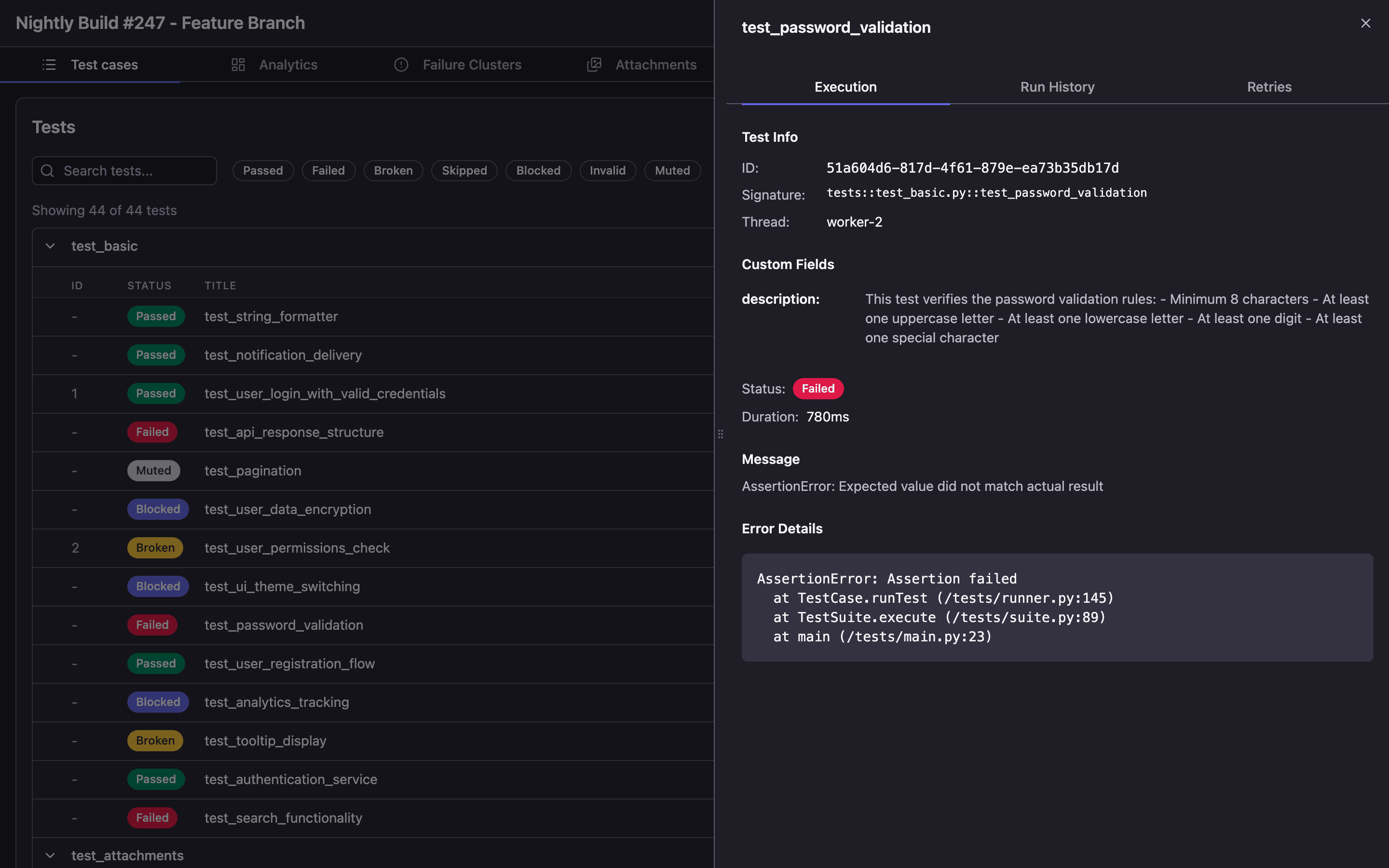 Test detail panel with error information and stacktrace