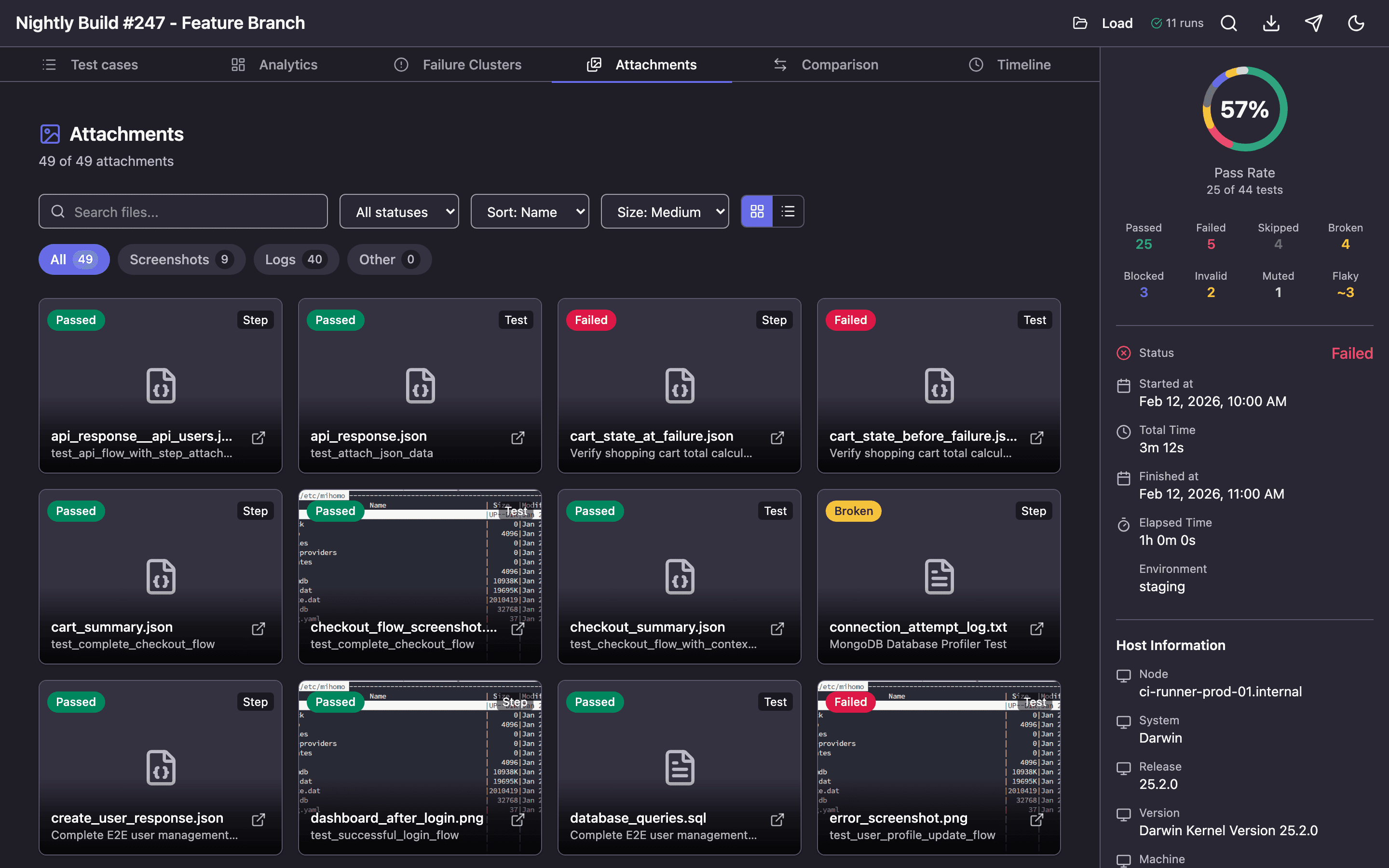 Attachments tab — grid view with attachment previews, category and status filters