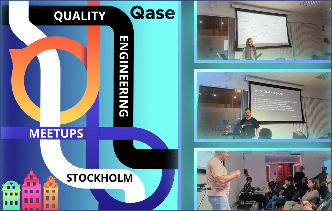 Photo collage of speakers at Qase's Stockholm quality engineering meetup