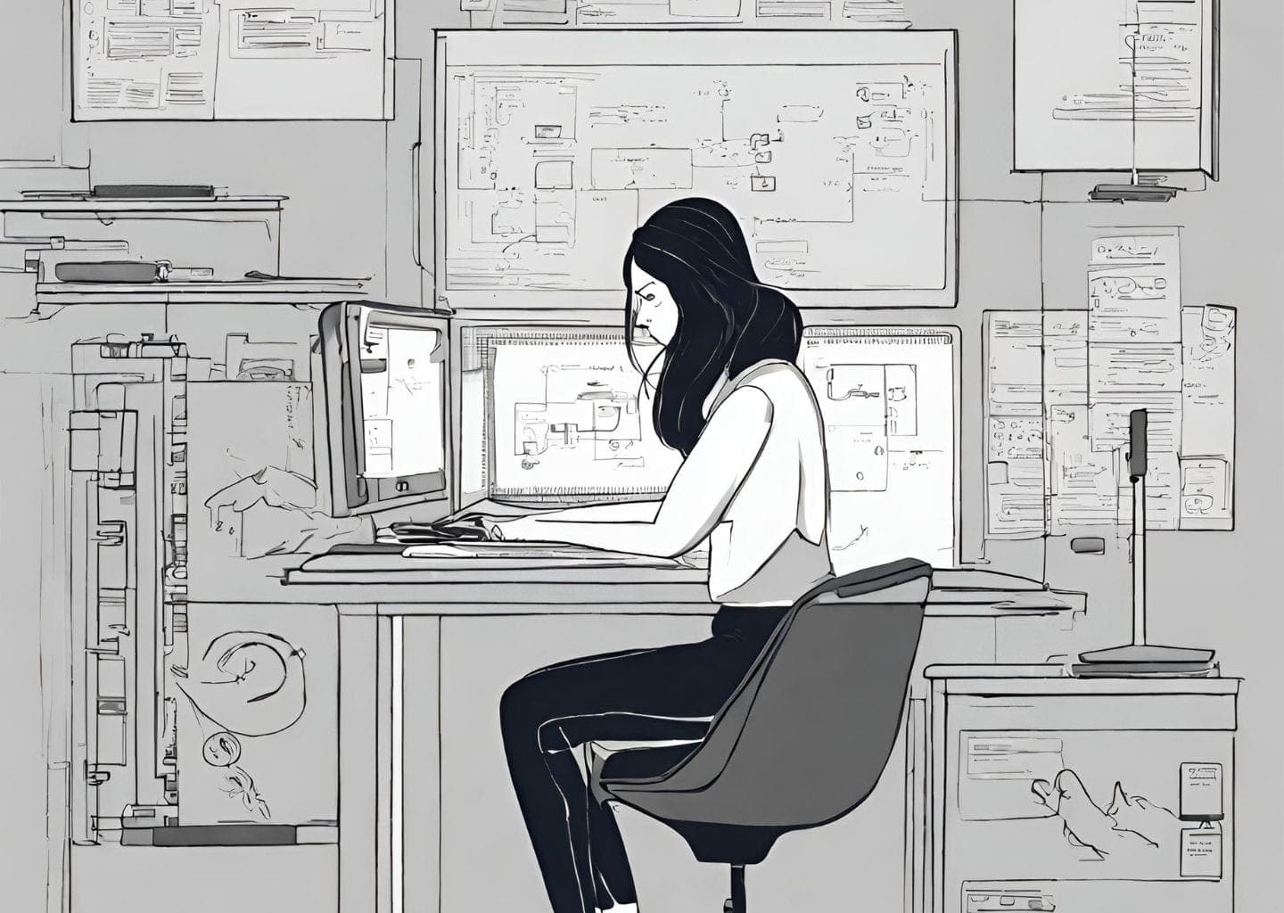 black and white illustration of woman working at desk, surrounded by technical sketches