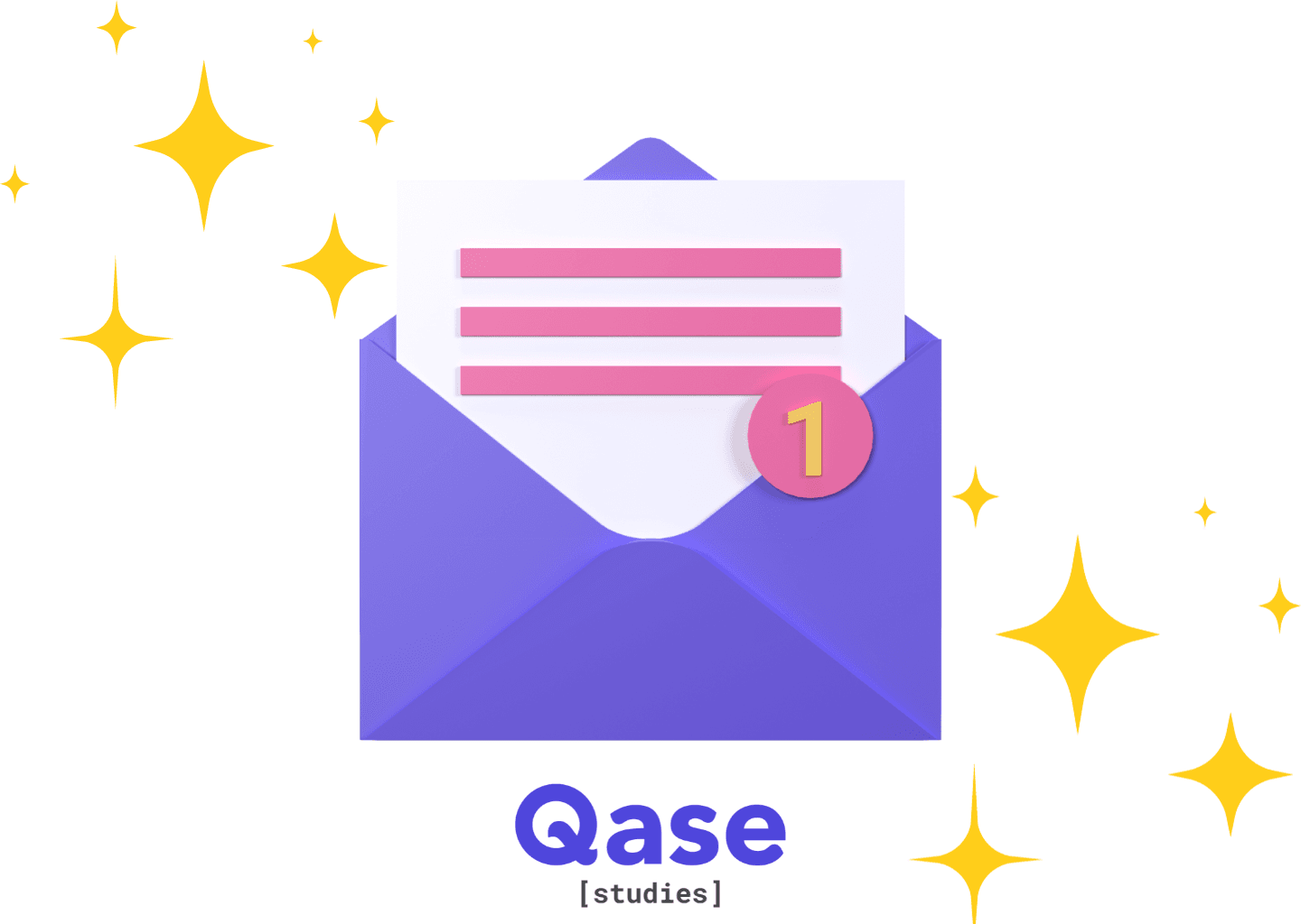 Illustration of purple envelope above "Qase Studies" surrounded by sparkles