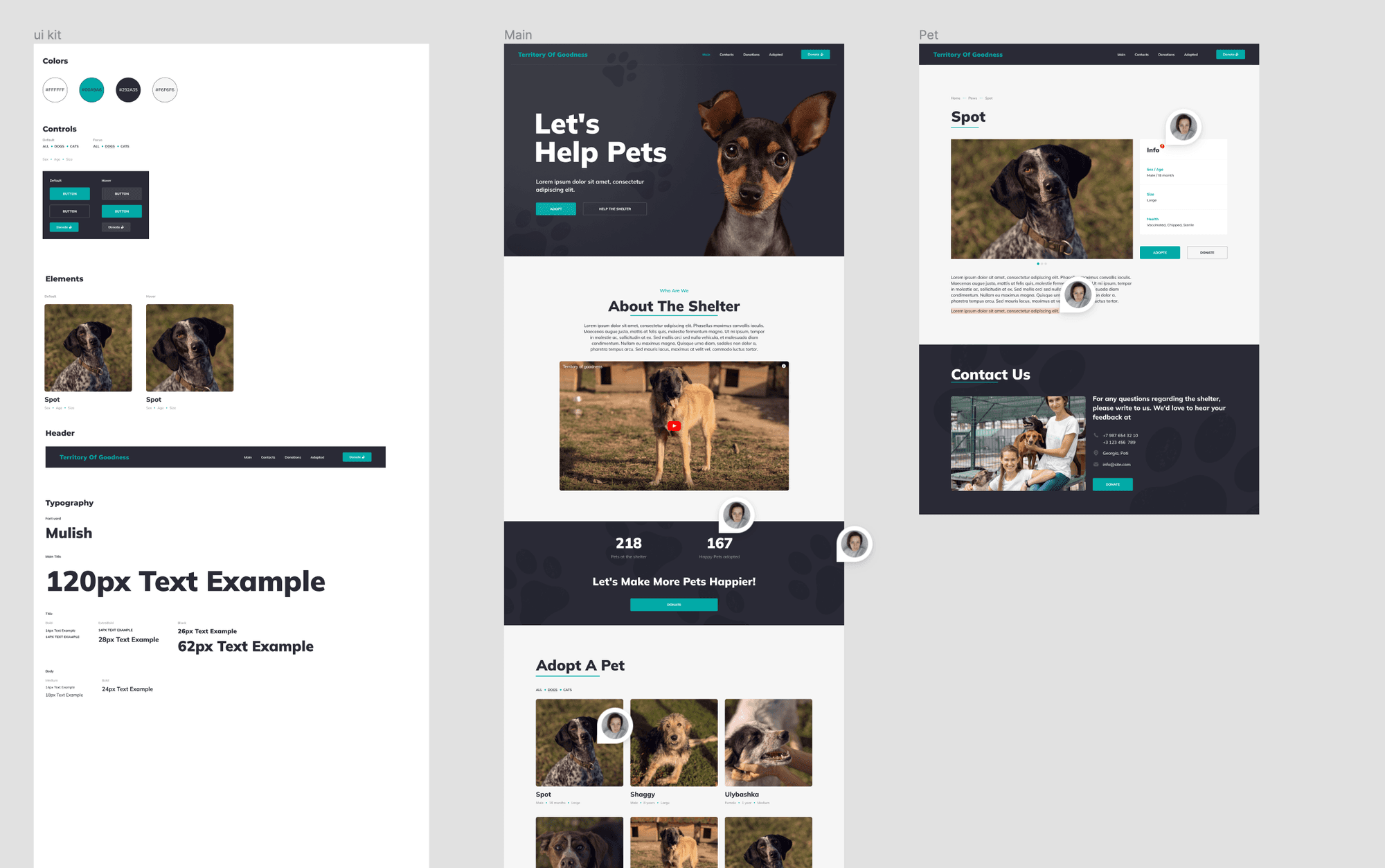 Screenshot of Figma project showing mockups of Shelterpaws website design
