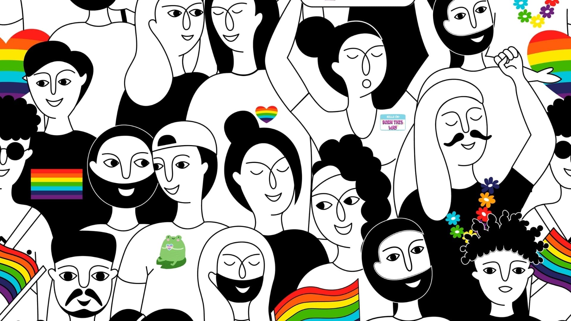 Black and white illustration of various people with several rainbow flags, hearts, and flowers