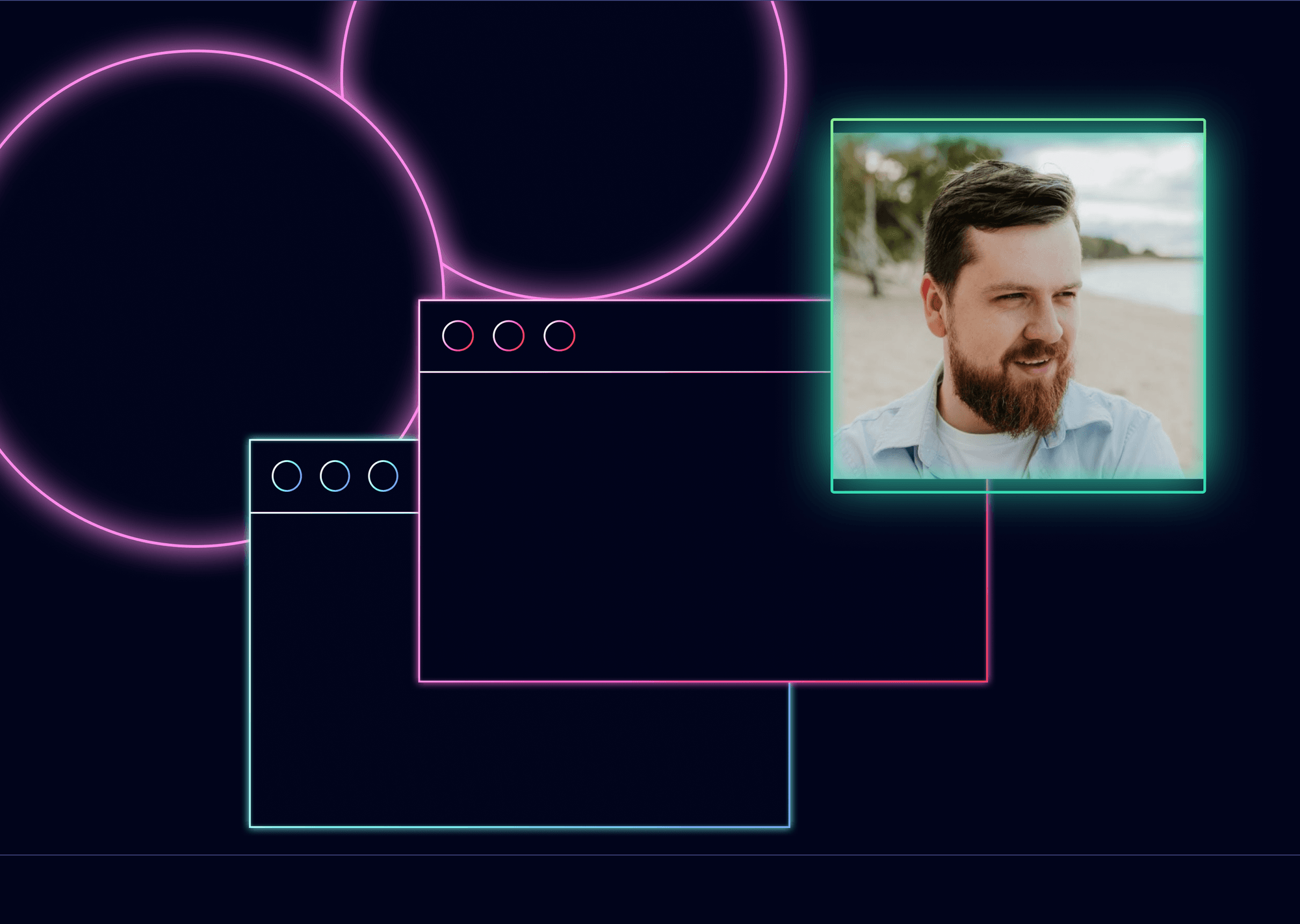 Two simplified browser windows over neon pink circles, photo of Patryk Raba framed in green neon