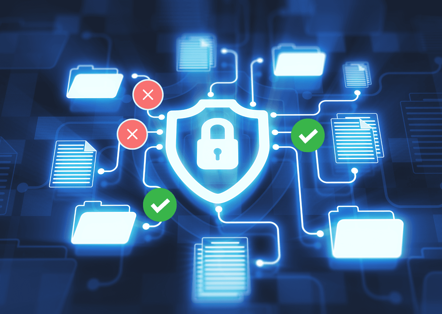Blue neon system connecting various folders, some marked with red X and others with green checkmark