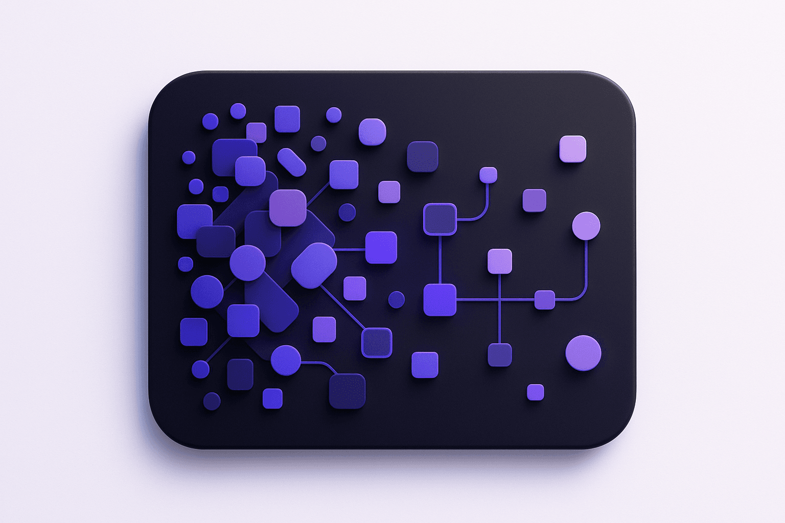 A dense cluster of overlapping blocks on the left thinning out into a sparse, connected, evenly spaced arrangement on the right, representing a test repository audited into order