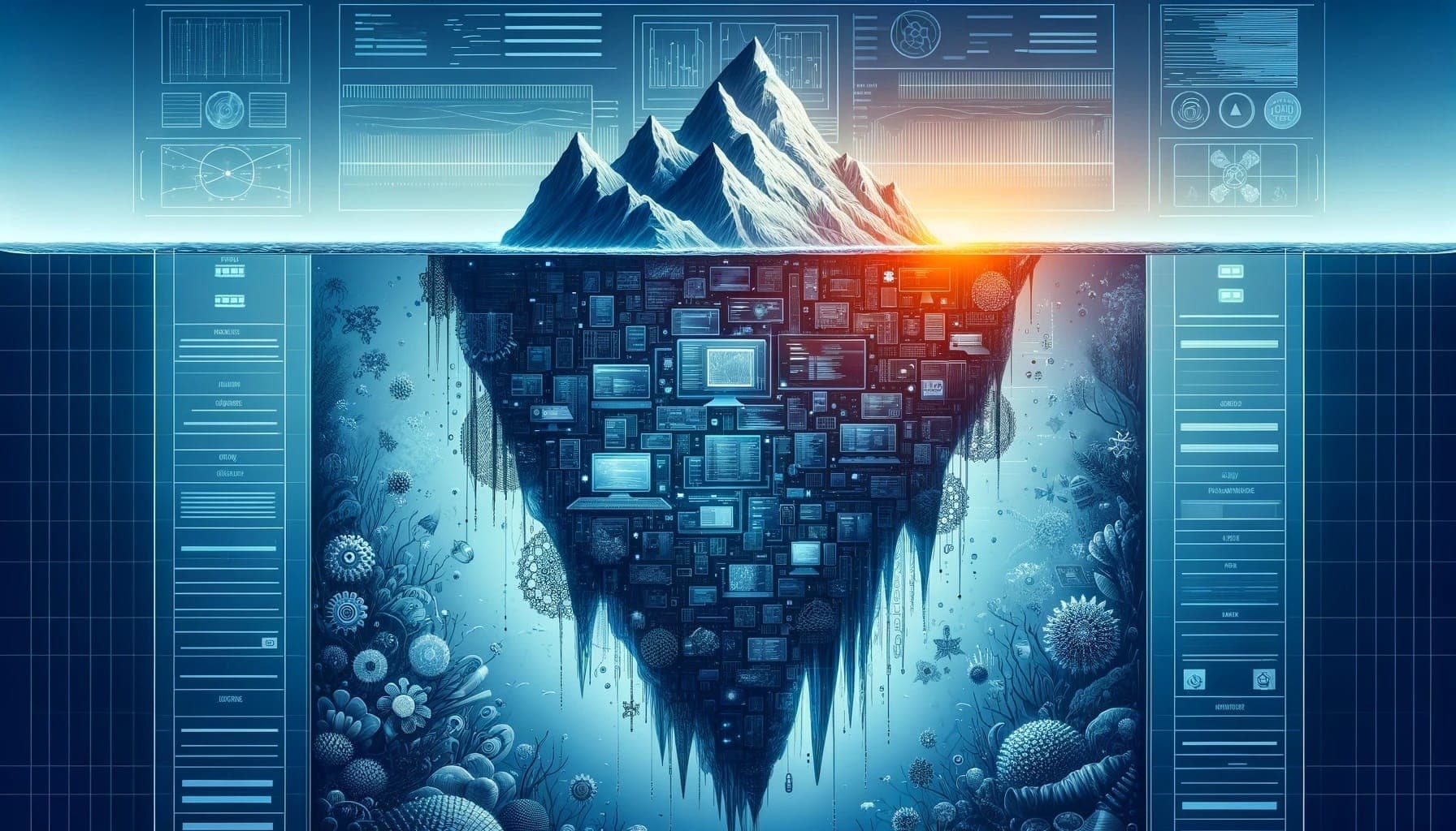 AI-illustrated image of an iceberg. Below the surface, iceberg is made of various computers.