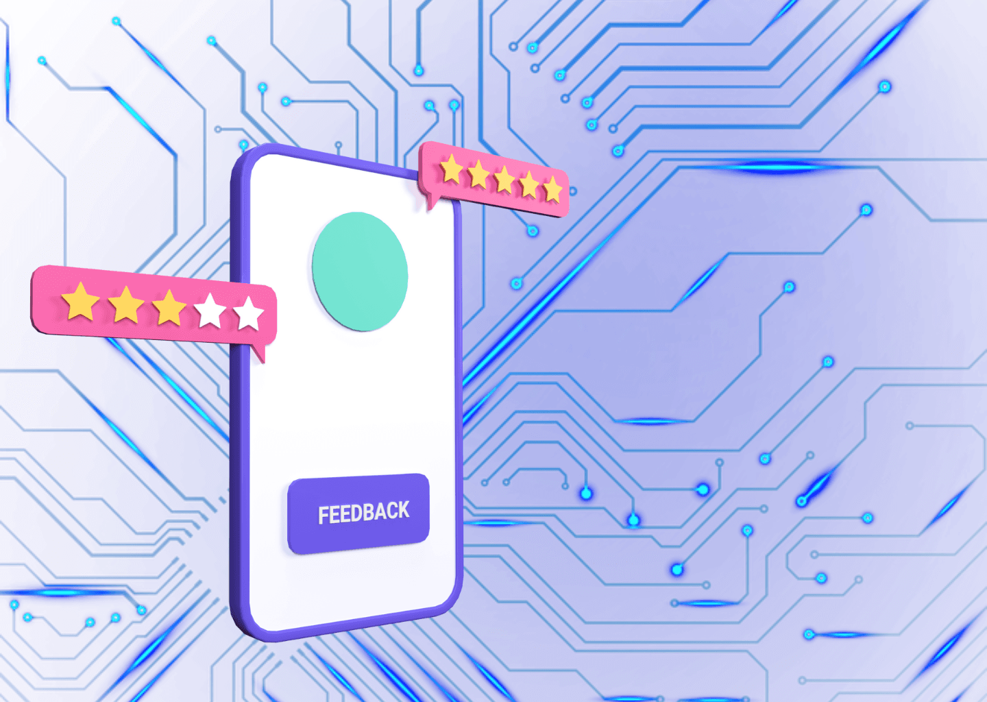 Purple and blue background showing a network. Illustration of a phone, speech bubbles showing 3 and 5 stars