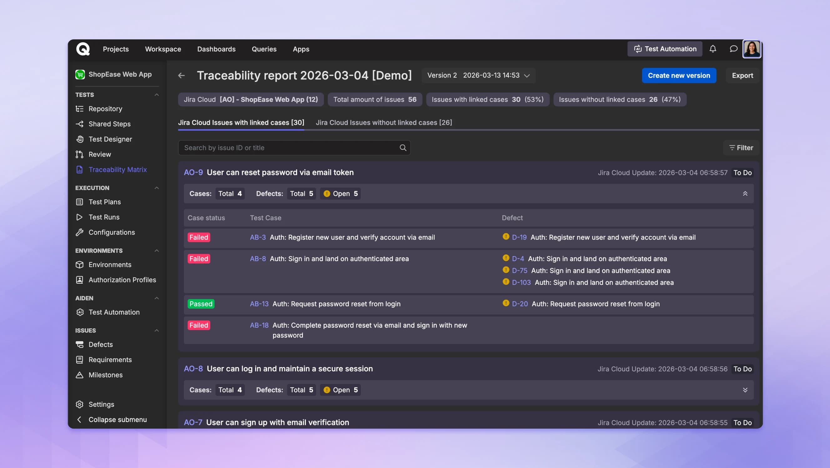 Qase requirements traceability matrix report